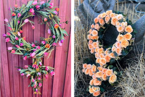 Två venustecken gjorda i blommor