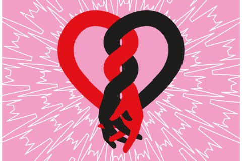 Två händer slingrar ihop sig till ett hjärta mot en rosa bakgrund