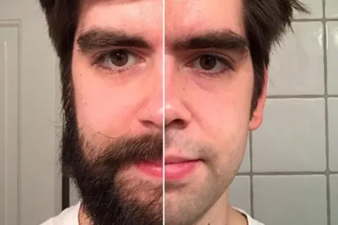 Ett fotokollage där man ser en man med halva ansiktet rakat och halva ansiktet med stort skägg
