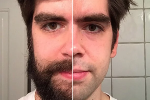 Ett fotokollage där man ser en man med halva ansiktet rakat och halva ansiktet med stort skägg