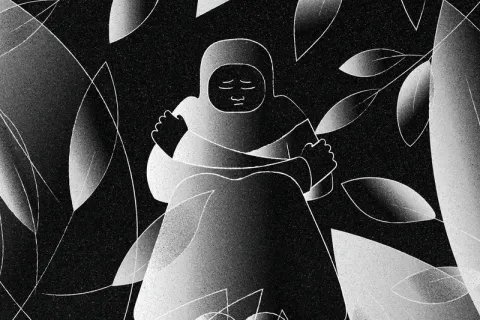 Illustration av kvinna med armarna runt sig själv bland växtlighet.