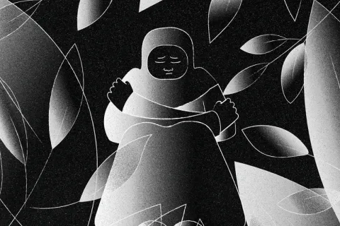 Illustration av kvinna med armarna runt sig själv bland växtlighet.