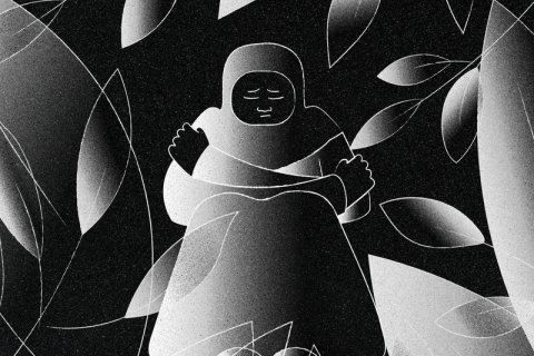 Illustration av kvinna med armarna runt sig själv bland växtlighet.