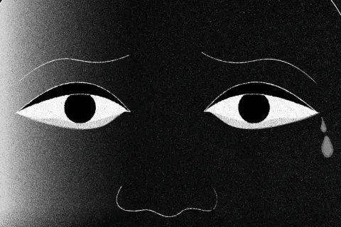 Illustration av närbild på en persons ansikte, personen gråter.