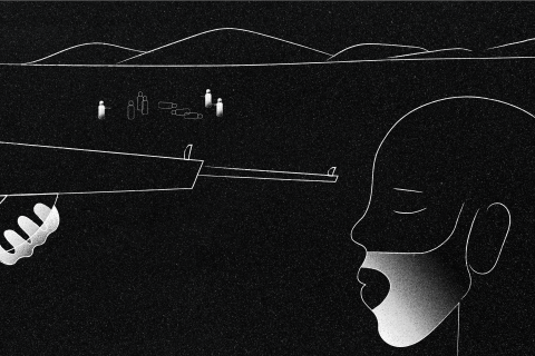 Illustration på en person som har ett vapen riktat mot sig.