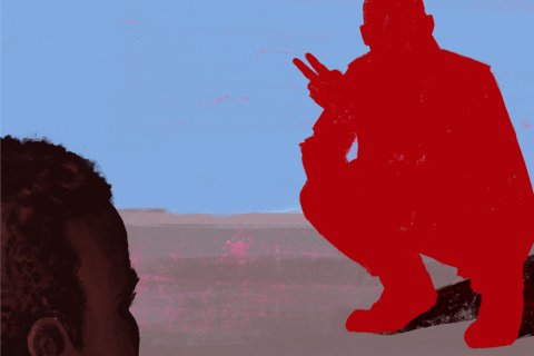 Illustration av en hukande man med två fingrar i luften och en annan man i förgrunden som tittar på honom