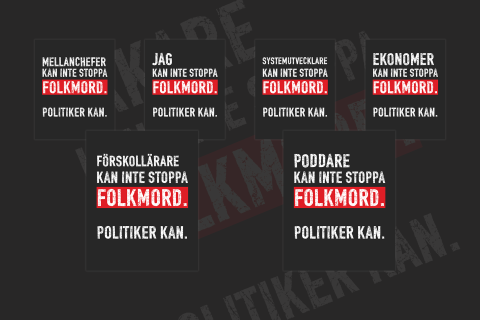 Exempel på bilder att dela i sociala medier med texten att olika yrkesgrupper inte kan stoppa folkmord. Politiker kan 