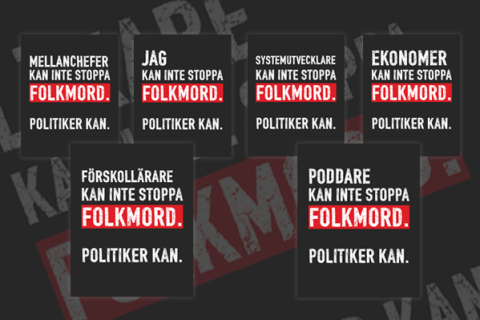 Svart bakgrund med texten Läkare kan inte stoppa folkmord. Politiker kan