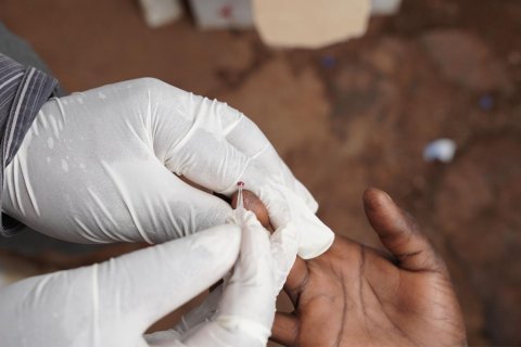 Närbild på händer när ett blodprov tas i finger