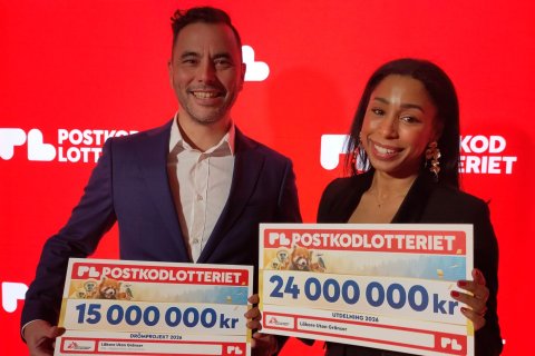 Ida och Marpe är glada och håller upp checkar där det står 25 miljoner och 15 miljoner.