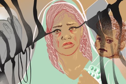 illustration av kvinna som gråter med en medicinkarta i handen