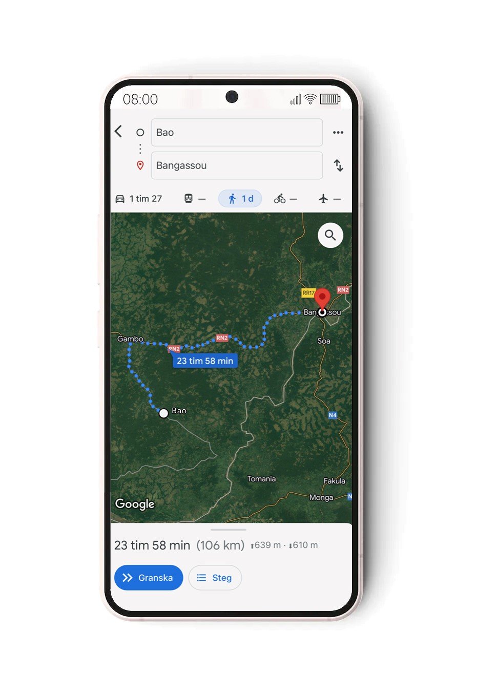 En mobil som visar avstånd på Google maps.
