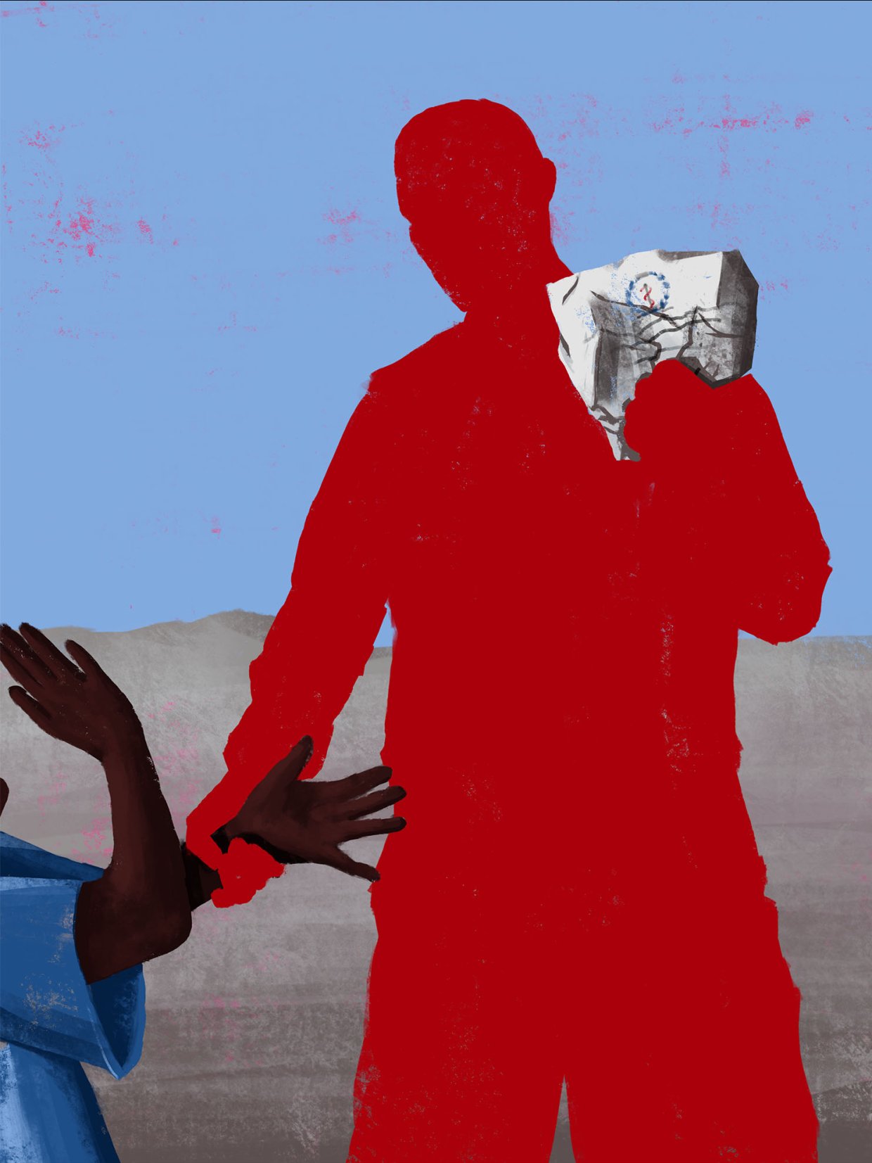 Illustration av en röd silhuett som håller ett papper i ena handen och griper tag i en annan persons handled med den andra