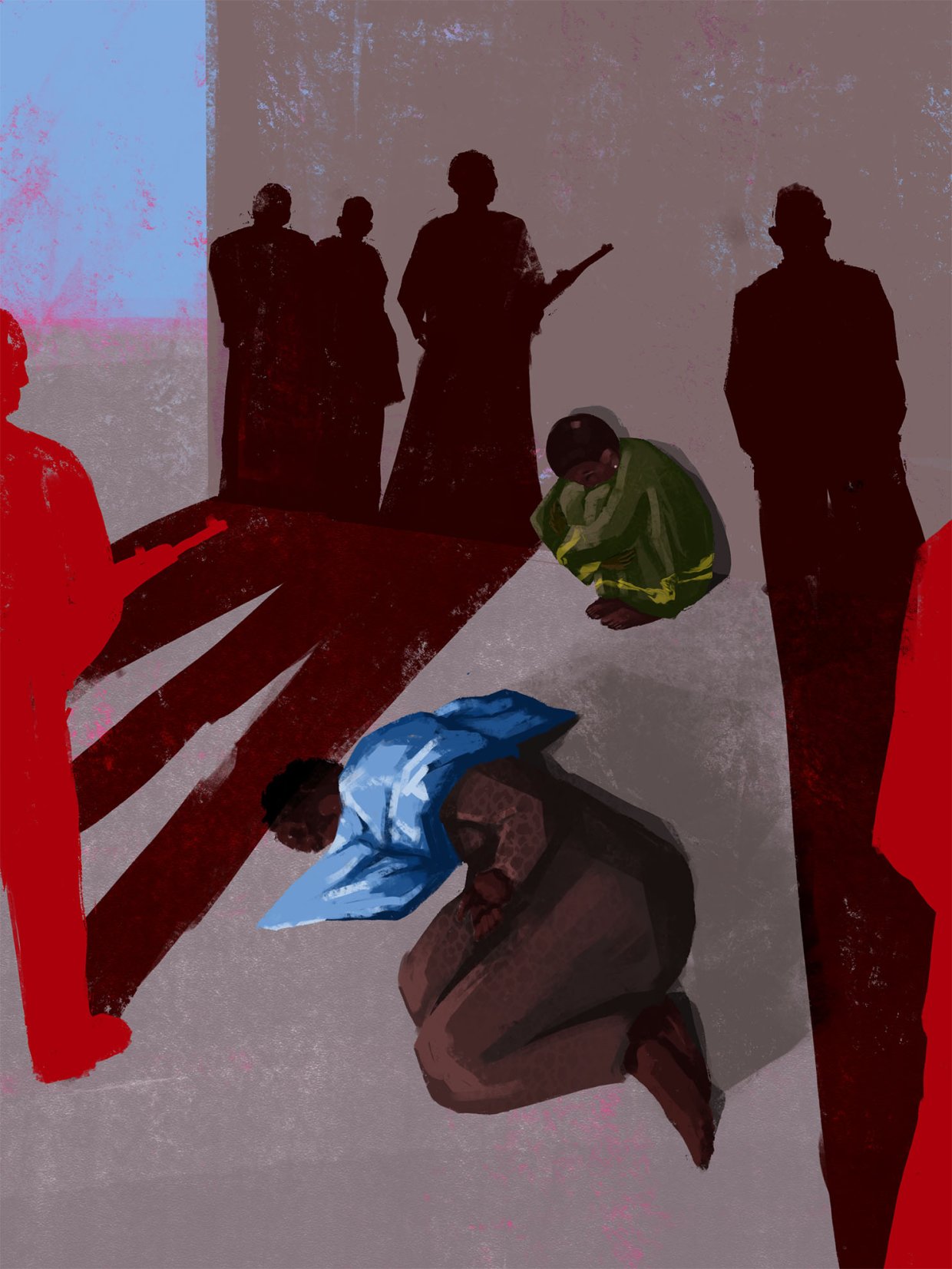 Illustration av silhuetterna av män med vapen i förgrunden som kastar långa skuggor på en vägg och en kvinna ligger i forsterställning på marken och en annan kvinna hukar vid väggen.
