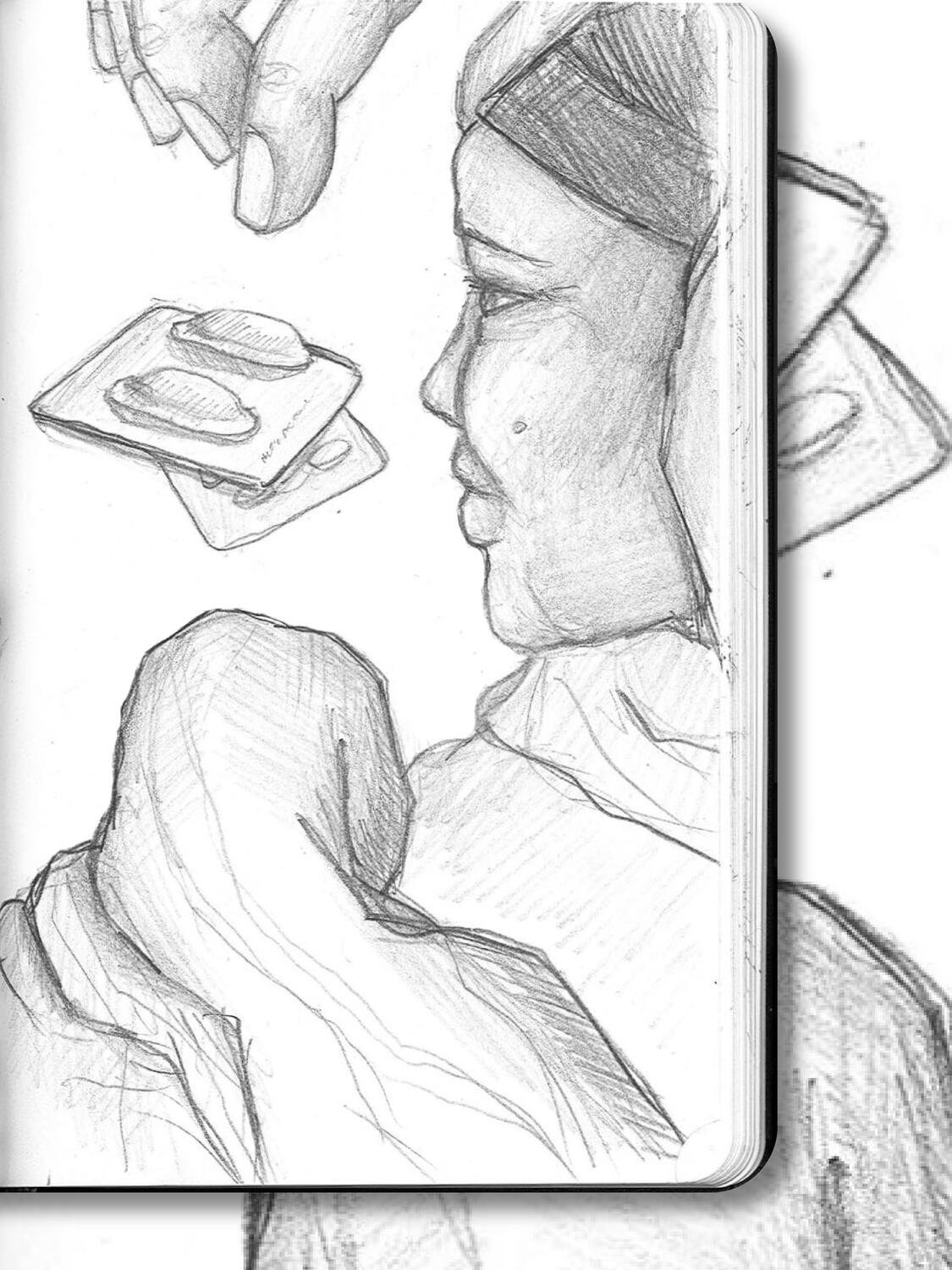 Illustration av kvinna, hand ovanför henne och tabletter framför henne.