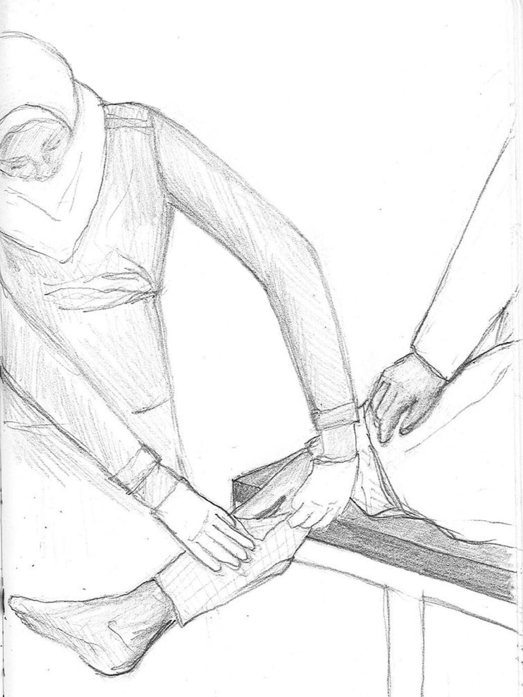 Illustration av en person som undersöker en annan persons ben.  Personen som blir undersökt ligger på en brits.