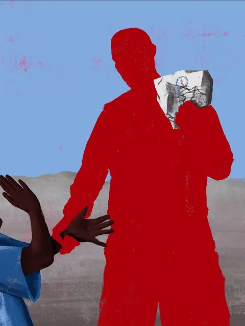 Illustration av en röd silhuett som håller ett papper i ena handen och griper tag i en annan persons handled med den andra