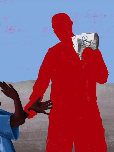 Illustration av en röd silhuett som håller ett papper i ena handen och griper tag i en annan persons handled med den andra