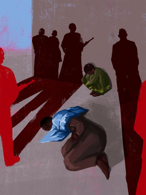 Illustration av silhuetterna av män med vapen i förgrunden som kastar långa skuggor på en vägg och en kvinna ligger i forsterställning på marken och en annan kvinna hukar vid väggen.