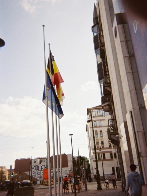 Flaggstänger med flaggor framför byggnader och gata.