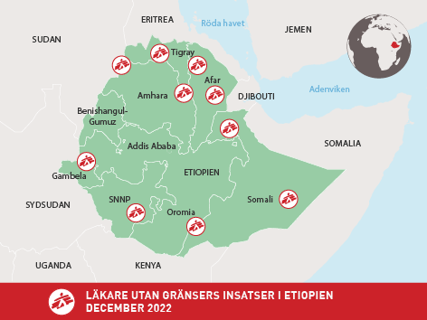 Karta över Läkare Utan Gränsers insatser i Etiopien