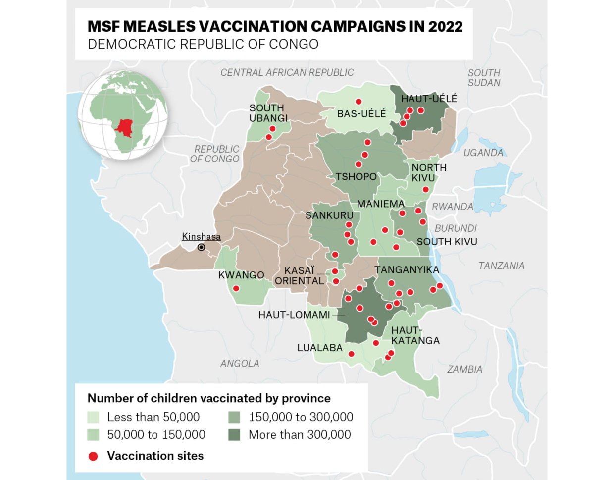 Karta över Läkare Utan Gränsers insatser kopplade till mässlingsutbrott i Kongo-Kinshasa