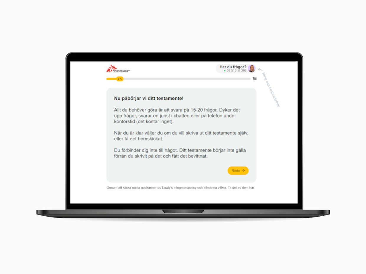 Skärmavbild av Lawlys digitala verktyg för att skriva testamenten online
