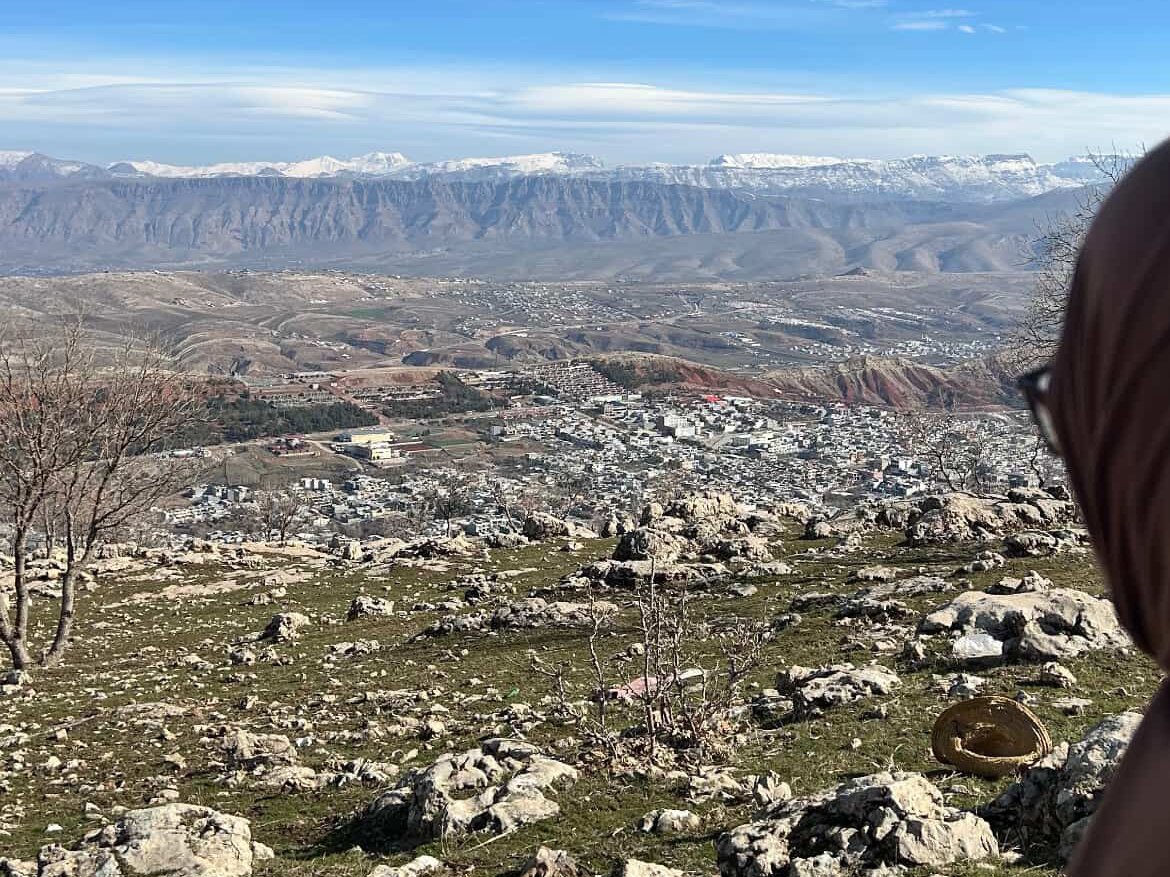 Vy mot bergen med förgrund av person