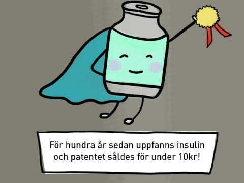 En illustration med texten: För hundra år sedan uppfanns insulin och patentet sålder för under 10kr!