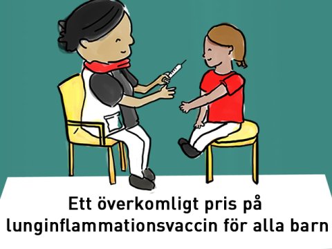 En illustration med texten: Ett överkomligt pris på lunginflammationsvaccin för alla barn.