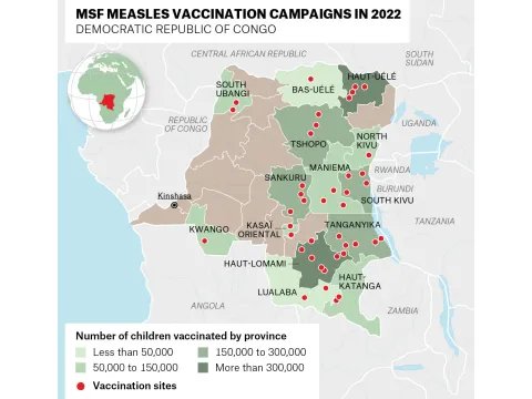 Karta över Läkare Utan Gränsers insatser kopplade till mässlingsutbrott i Kongo-Kinshasa