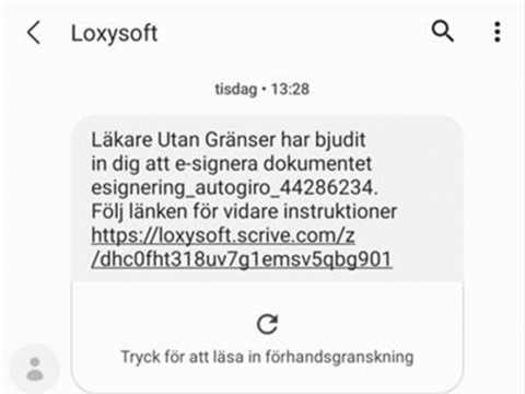 Skärmavbild av ett sms