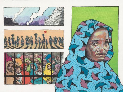 Illustrerat collage som skildrar en migrants berättelse i Libyen: bilder som visar hennes flykt och ett porträtt