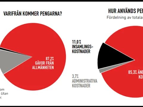 Diagram över intäkter 2024: 87,2 procent från allmänheten, 2,6 procent bidrag och 10,2 procent övrigt