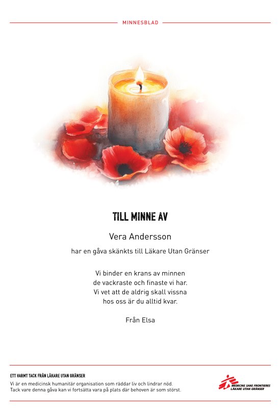 Ett minnesblad i A4 med en illustration av ett tänt ljus omgett av röda vallmoblommor. Följt av namnet på den avlidne och en minnestext. Bladet avslutas med en sidfot med information om vårt arbete och vår logotyp.