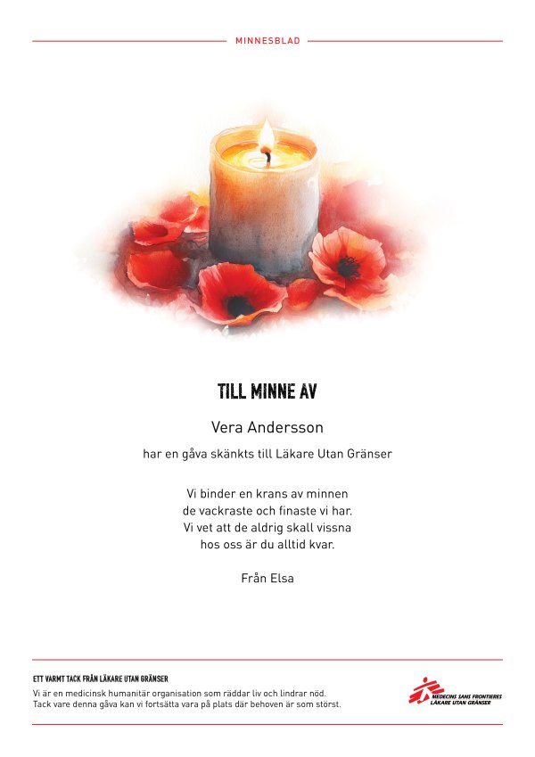 Ett minnesblad i A4 med en illustration av ett tänt ljus omgett av röda vallmoblommor. Följt av namnet på den avlidne och en minnestext. Bladet avslutas med en sidfot med information om vårt arbete och vår logotyp.