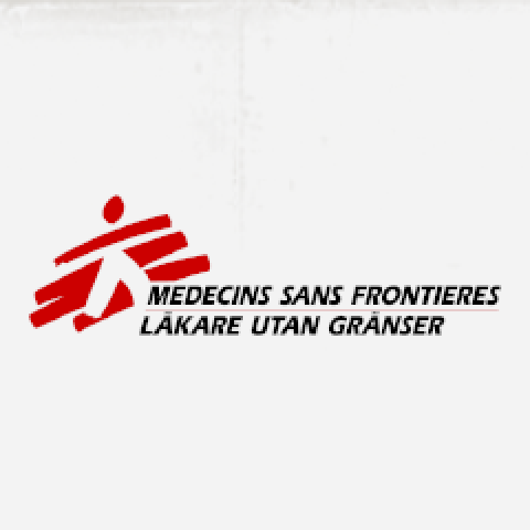 Läkare Utan Gränsers logotyp mot en beige bakgrund